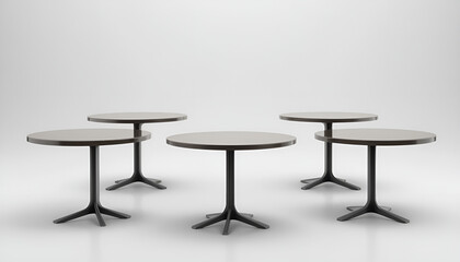 Minimalist Round Tables Arrangement: Five modern, sleek, round tables with minimalist designs are arranged, showcasing their simplicity and functionality.
