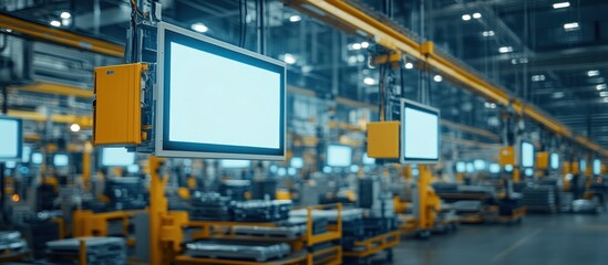 Manufacturing plant showing hanging displays in a production environment