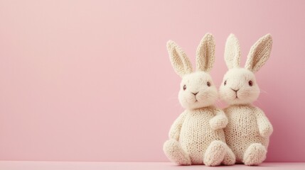 Obraz premium Two adorable white stuffed rabbits together in a cozy setting with spacious copy space for text and playful charm