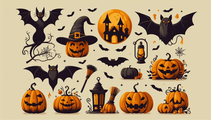 halloween pumkins and bat collection vector illustration