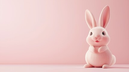 Obraz premium Adorable pink bunny sitting happily in a lush green meadow with copy space for text and a cheerful expression