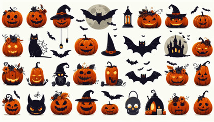 halloween pumkins and bat collection vector illustration