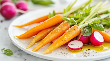 Organic baby carrots and radishes with olive oil drizzle