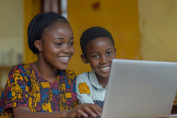 two smiling African children looking at a laptop screen.