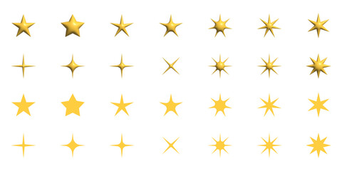 diverse gold star and sparkle icons 3d