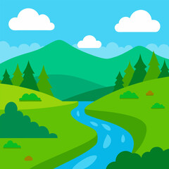 Fototapeta premium Landscape with mountains and blue sky, white clouds, river.