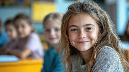 Obraz premium Happy students engaged in learning at school classroom - youthful joy and education concept