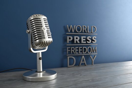 A Vintage Microphone Stands Ready, A Symbol Of World Press Freedom Day, Against A Deep Blue Backdrop, Showcasing Its Metallic Sheen And Classic Design