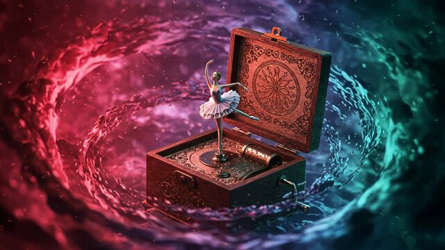 A vintage music box featuring a graceful ballerina amidst colorful swirls.