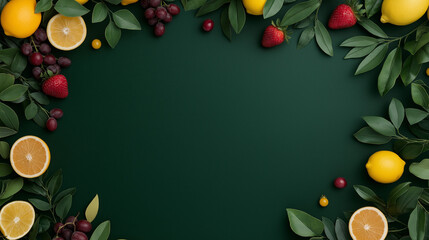Festive Fruit Frame: A vibrant array of fresh fruit and lush foliage artfully arranged on a textured surface, creating a cheerful, visually appealing border.