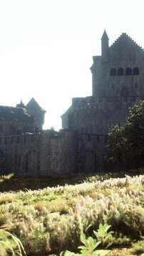 Old ruined castle in the misty mountains