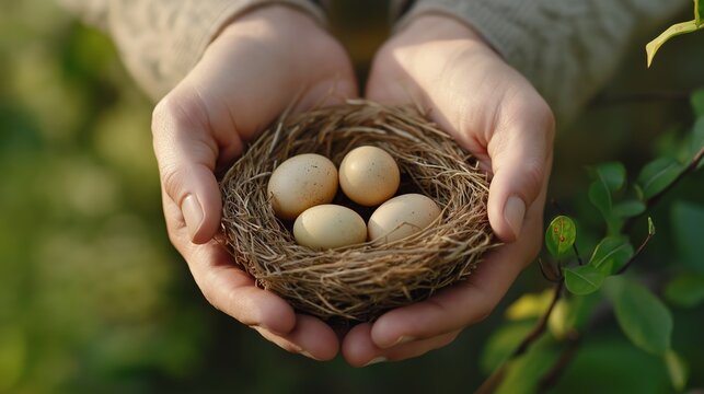 Close-up of hands gently cradling a bird’s nest with speckled eggs outdoors in natural light