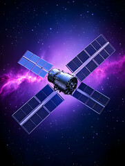 A satellite amidst a vibrant nebula, solar panels extended