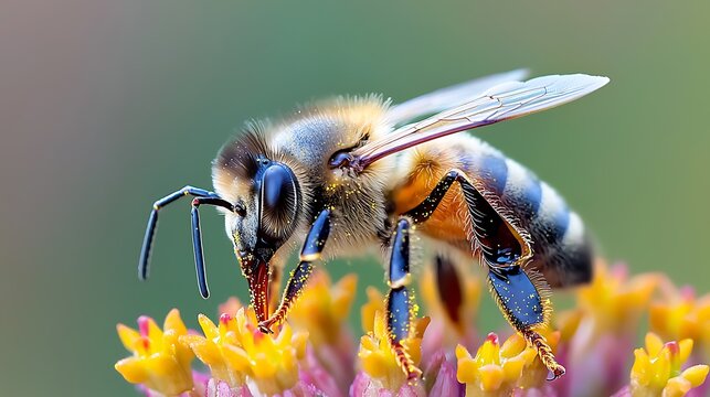 Close up of a honey bee collecting nectar from vibrant flowers