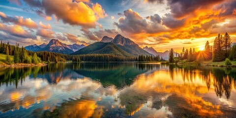 Fototapeta premium Golden hour's breathtaking sunset illuminates a serene mountain lake, creating an epic panoramic landscape.