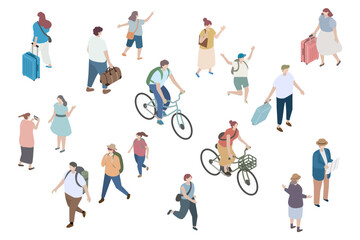 旅行、お出かけ、ハイキング、サイクリングをする人々のアイソメトリックイラスト