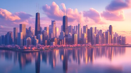 Obraz premium Cityscape reflection over water at sunset. Pink clouds in background. Stock image