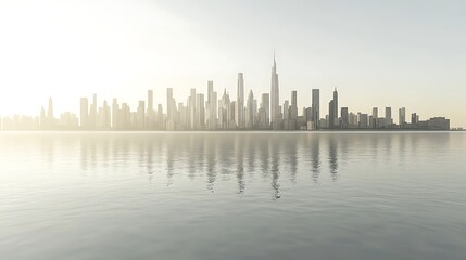 Skyline Reflection Cityscape water view, rising sun, urban development backdrop