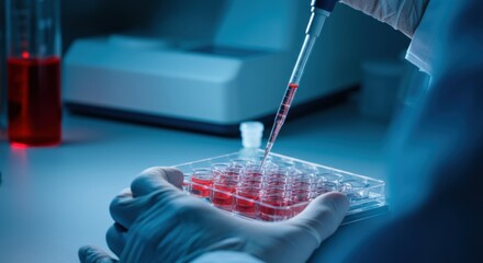 Laboratory technician pipetting red liquid into a microplate for analysis