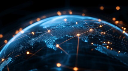 Holographic Earth displaying digital trade routes across continents and oceans