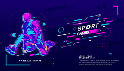 Futuristic Neon Sport Poster – Basketball Player in Cyberpunk Style. National Sports. Dynamic and futuristic sport-themed illustration featuring a basketball player in vibrant neon cyberpunk style. © N-Focus 5