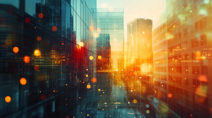 Fototapeta premium Multi exposure of virtual abstract financial graph interface on blurry contemporary office building background, financial and trading concept