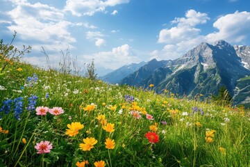 Fototapeta premium Alpine meadow flowers blooming in picturesque mountain terrain for nature lovers and outdoor enthusiasts