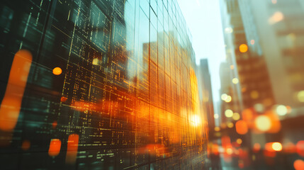 Multi exposure of virtual abstract financial graph interface on blurry contemporary office building background, financial and trading concept