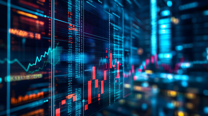 Multi exposure of virtual abstract financial graph interface on blurry contemporary office building background, financial and trading concept