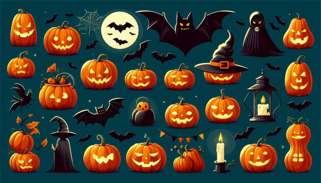 halloween pumkins and bat collection vector illustration
