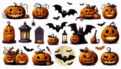 halloween pumkins and bat collection vector illustration