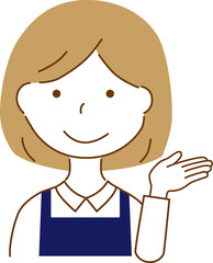 案内しているエプロンを付けている女性
