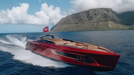 Fototapeta premium Luxury Red Yacht Speeding Across Tropical Ocean