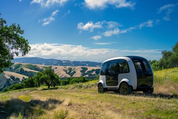 Fototapeta premium Futuristic Autonomous Vehicle on Scenic Hillside Landscape