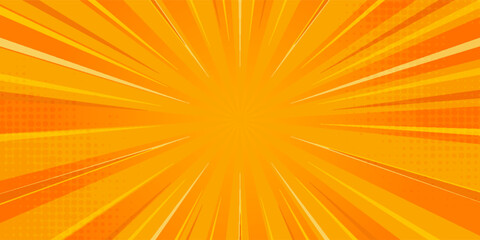 Obraz premium Bright orange-yellow gradient abstract background. Orange comic sun rays effect background with halftone. Suitable for templates, sale banners, events, ads, websites, flyers.