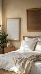 Neutral toned bedroom interior with white bedding, woven wall art, and a blank poster frame. Natural light illuminates the scene, creating a calm and serene atmosphere.