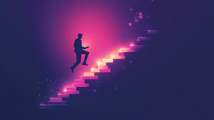 A silhouette of a person ascending glowing stairs against a vibrant purple background, symbolizing growth and ambition.