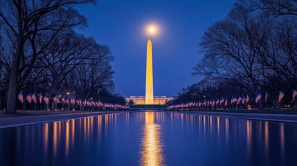 Illuminated washington monument reflection national mall night photography urban landscape serene view historic significance
