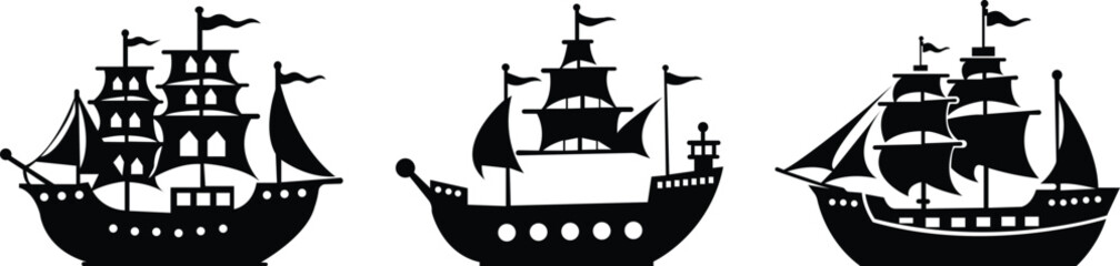 Pirate ship icon set.Historic sailing ship navigating through stormy ocean water.Ship silhouette line art illustration.