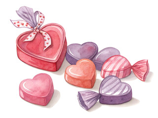 A variety of heart-shaped chocolates in different colors are displayed together