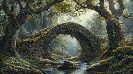 Fototapeta premium A centuries-old stone bridge stands resilient over a peaceful stream, its timeworn surface adorned with creeping vines and lush moss.
