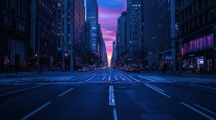 Naklejka premium A deserted city street at dusk, where not a single soul walks, conveying an eerie sense of emptiness.
