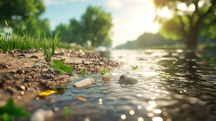 Obraz premium Riverbank Cleanup Effort in Natural Setting with Litter and Light