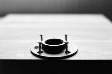 Four screws securing flange to wooden surface in monochrome