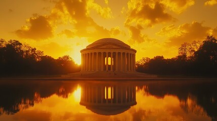 Obraz premium Golden sunset reflection at jefferson memorial washington d.C. Landscape photography tranquil environment