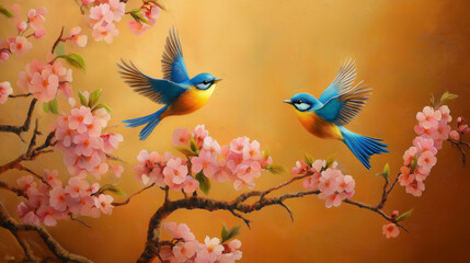 two birds flying in a blossoms flowers illustrator backgroung 
