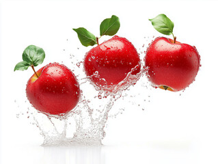 Fresh apples flying around to the water, refreshing, healthy. 
