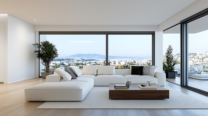 Fototapeta premium Spacious luxury penthouse living room with a modern minimalist interior design