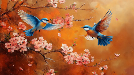 two birds flying in a blossoms flowers illustrator backgroung 