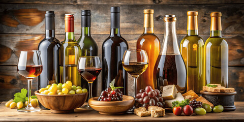 Obraz premium A Wine Lover's Feast: A curated selection of premium wine bottles, elegant glasses, and artisanal accompaniments set against a rustic backdrop. Capturing the essence of indulgence and celebration.AI G